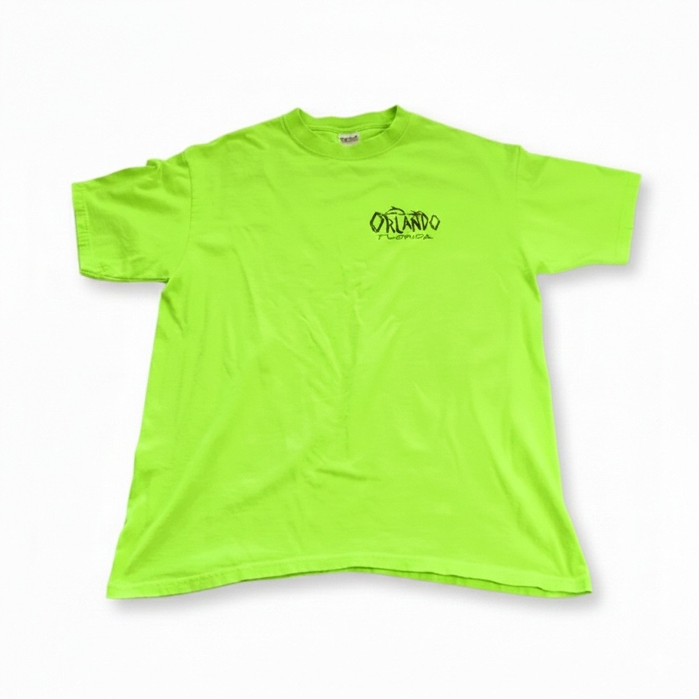 Vintage Orlando Florida Neon Green Dolphin T-Shirt L Metallic Graphic Travel Tee
